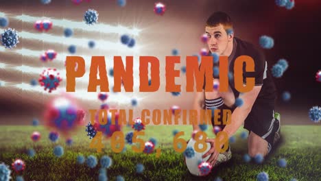 Animation-of-pandemic-total-confirmed-over-caucasian-male-rugby-player-at-stadium