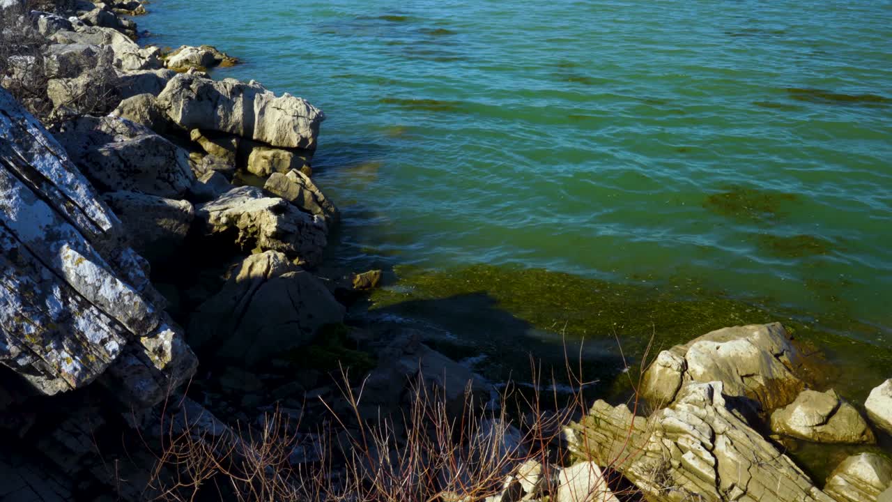 agua de lago verde con algas y hierbas flotantes que lavan la costa rocosa con grandes acantilados en un soleado día de invierno