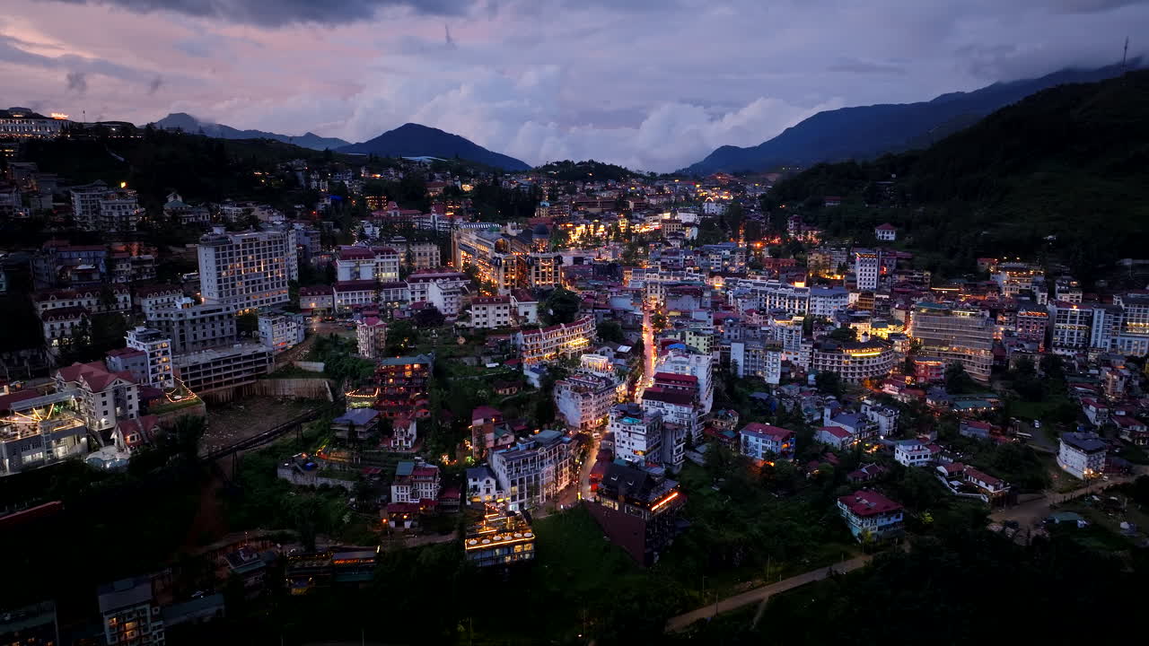 Twilight aerial view over scenic Sa Pa in mountainous karst terrain, Vietnam
