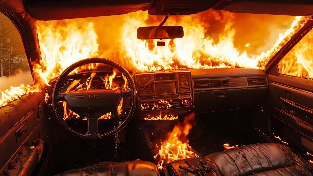 un coche está envuelto por llamas en el interior de un coche