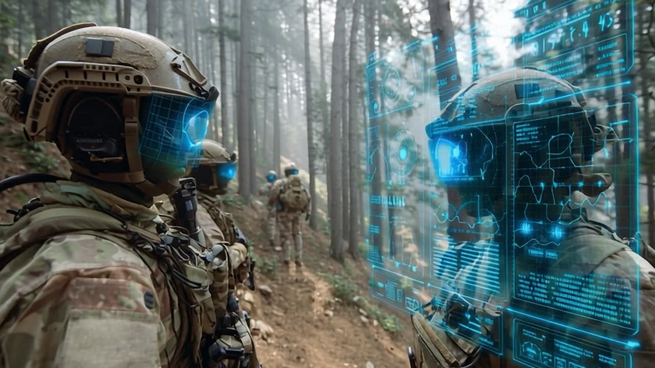 Soldiers using advanced technology in forest environment during operation