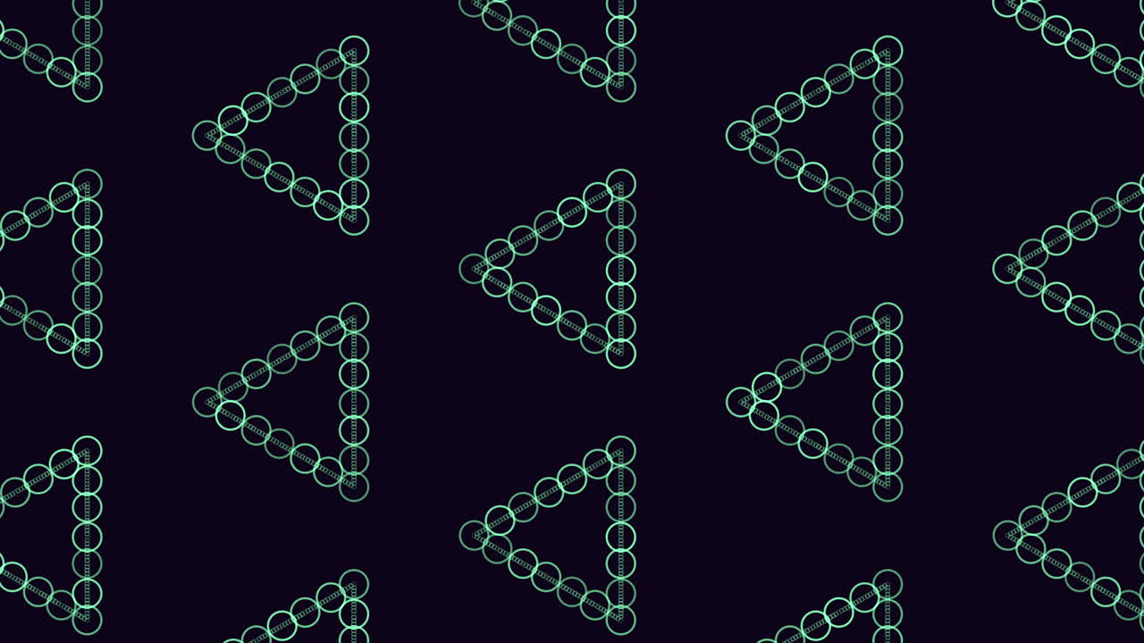 Seamless futuristic background featuring repeating neon triangle outlines built from rotating circular HUD elements on a dark backdrop, ideal for sci fi interfaces, tech presentations
