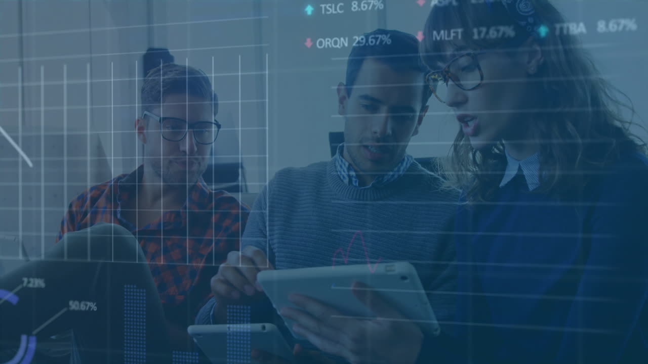 Analyzing financial data on tablet, business team with stock market animation over