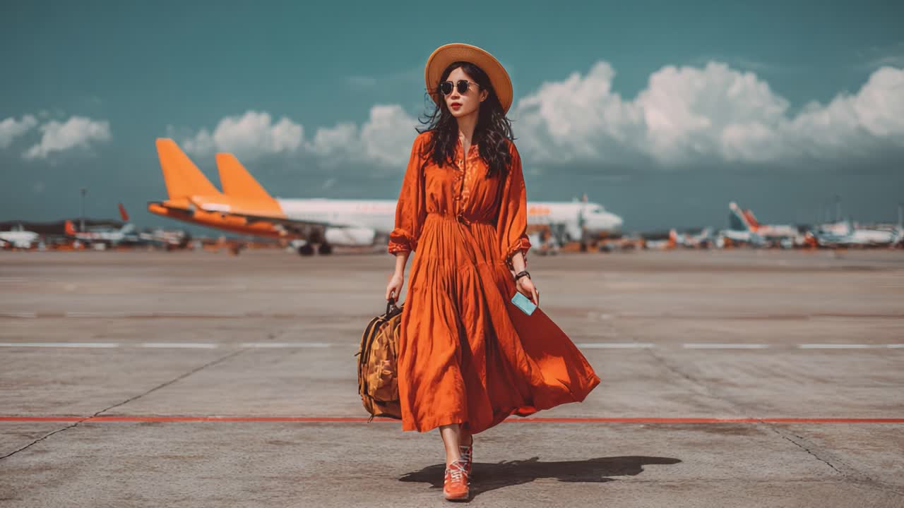 นักเดินทางที่มั่นใจในตัวเองสวมชุดสีส้มสง่างามและหมวกกันแดด เดินเล่นในท่าอากาศยาน โอบรับการผจญภัยและสไตล์ท่ามกลางศูนย์กลางการบินที่คึกคัก
