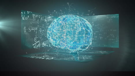 human brain spinning against screens with mathematical equations and light spot on green background