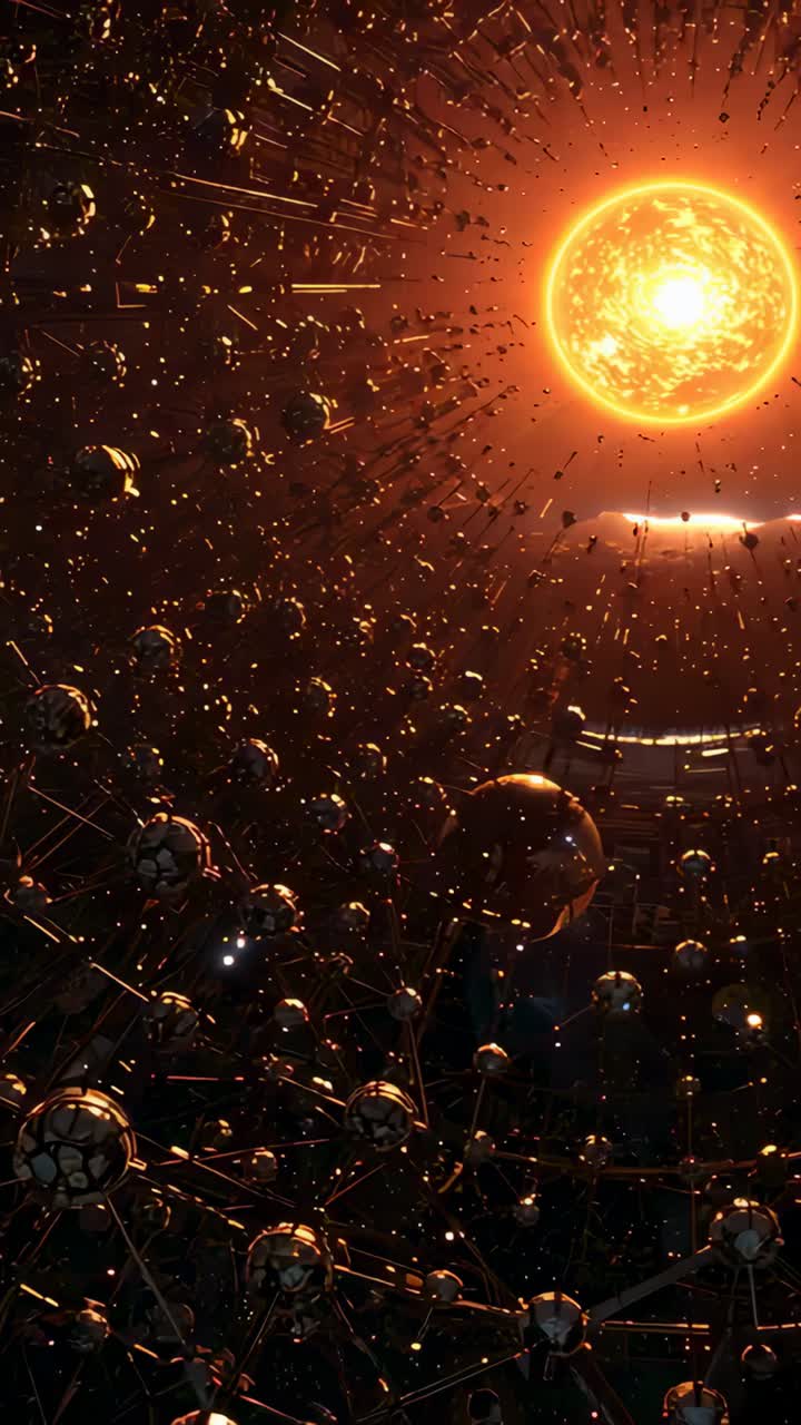 Vertical video: Propelling camera showing metal lattice moving toward star in space to reveal ring