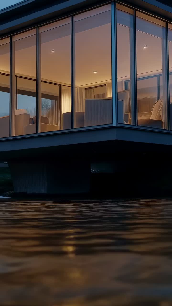 Video verticale: camera bassa che si alza dall'acqua, rivelando una casa con facciata in vetro al crepuscolo con interni illuminati
