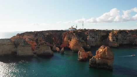 aerial drone shot of the shoreline and cliffs of ponta da piedade, along the algarve coast in portugal