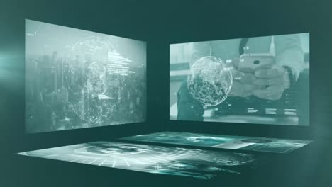 Animation-of-multiple-screens-with-data-processing-against-green-background