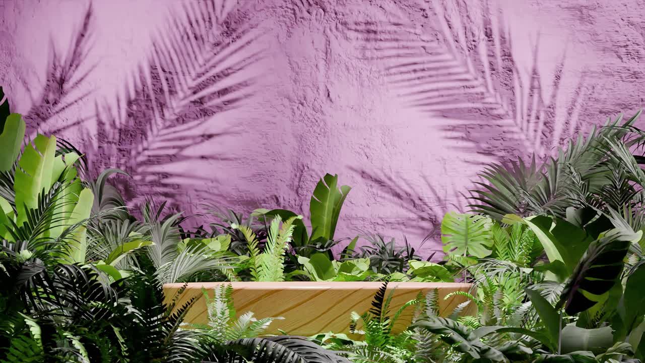 Wooden podium surrounded by tropical green foliage with palm leaf shadows on pink textured wall. Minimalist product display template. Summer botanical and nature. wallpaper with copy space
