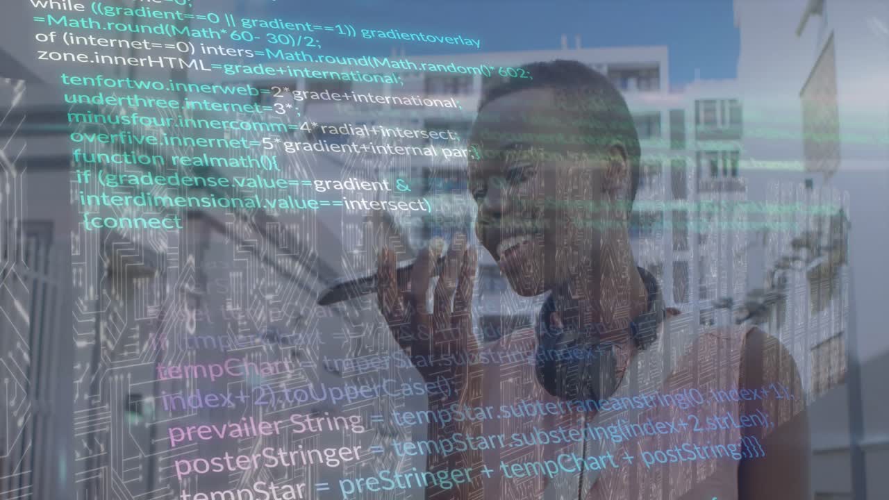 Animation of digital data processing over african american woman using smartphone