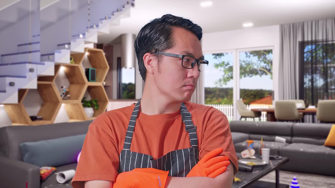 Close Up Of Offended Asian Male Housekeeper With An Apron Crossing His Arms And Looking Around While Standing In House