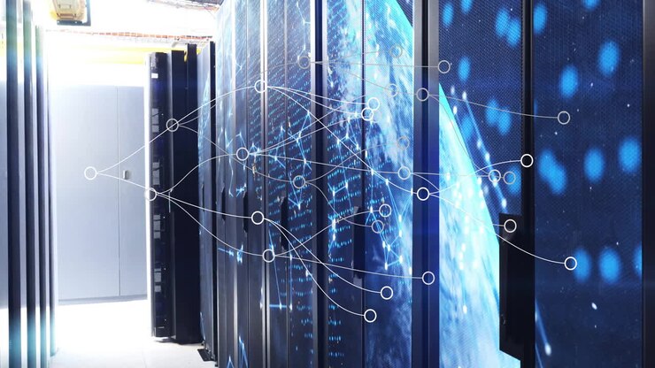 Data processing animation over server racks in data center network of connections