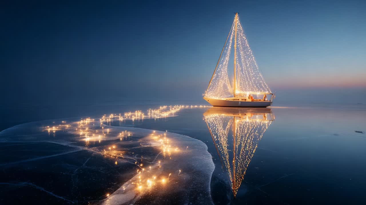 A magnificent illuminated sailboat adorned with sparkling lights drifts gracefully across a serene icy surface, reflecting its beauty and creating a mesmerizing path of glimmering radiance in the tranquil night