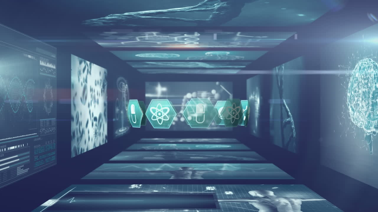 여러 개의 화면이 배경으로 회전하는 의료 아이콘의 애니메이션.