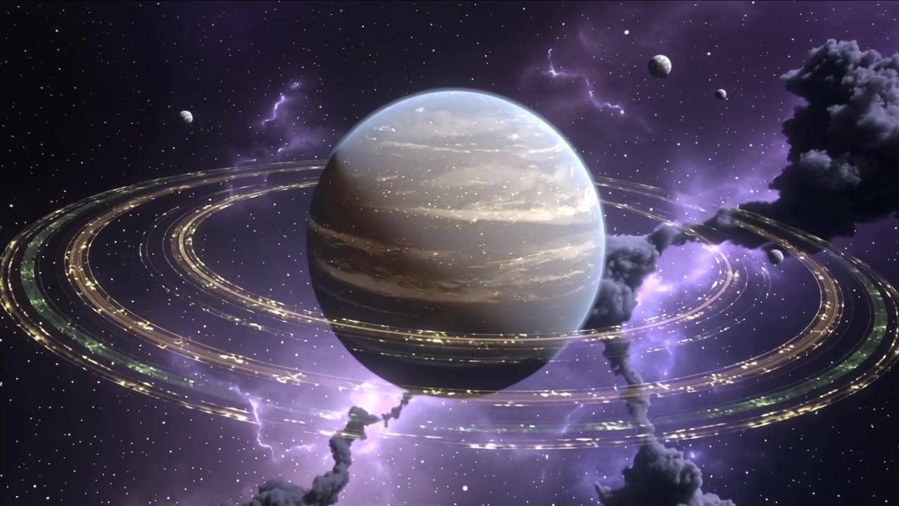 Rotating banded gas giant in space, segmented rings curling plumes, moon drifting as nebula pulsing