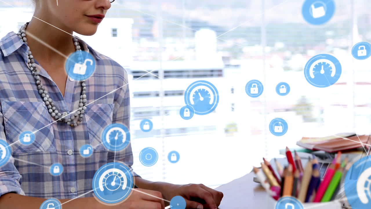 그래픽 태블릿에 그림을 그리는 백인 여성 위에 연결된 속도계와  ⁇ 락 아이콘의 애니메이션