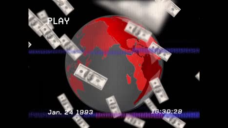 Animation-of-banknotes-and-interference-over-globe-on-black-background