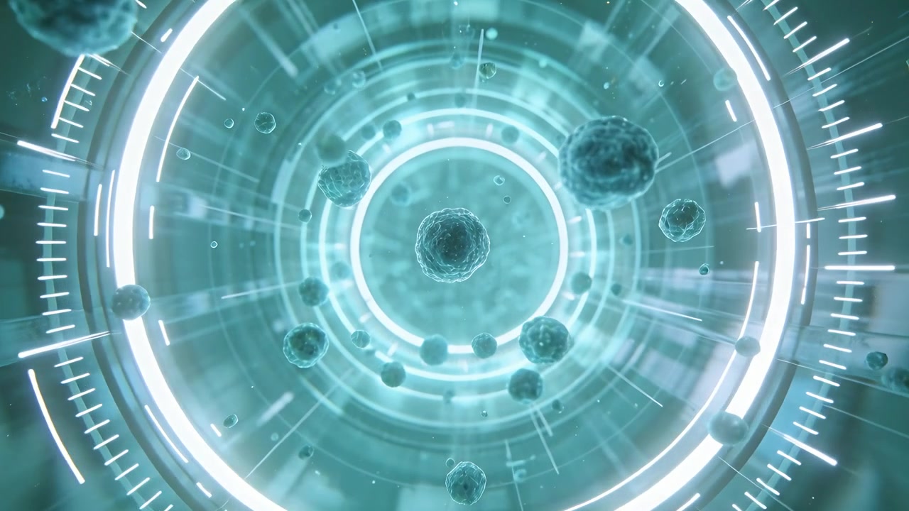 Showing central orb drifting in tunnel with spheres, HUD ticks rising and rings pulsing for lab