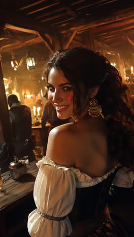 mysterious tavern woman with golden jewelry