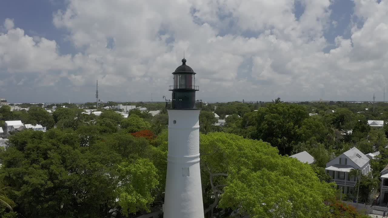 Tall white lighthouse stands over leafy green canopy with coastal homes and blue sky in background, peaceful overlook blends nature and architecture in bright sunny light at seaside neighborhood