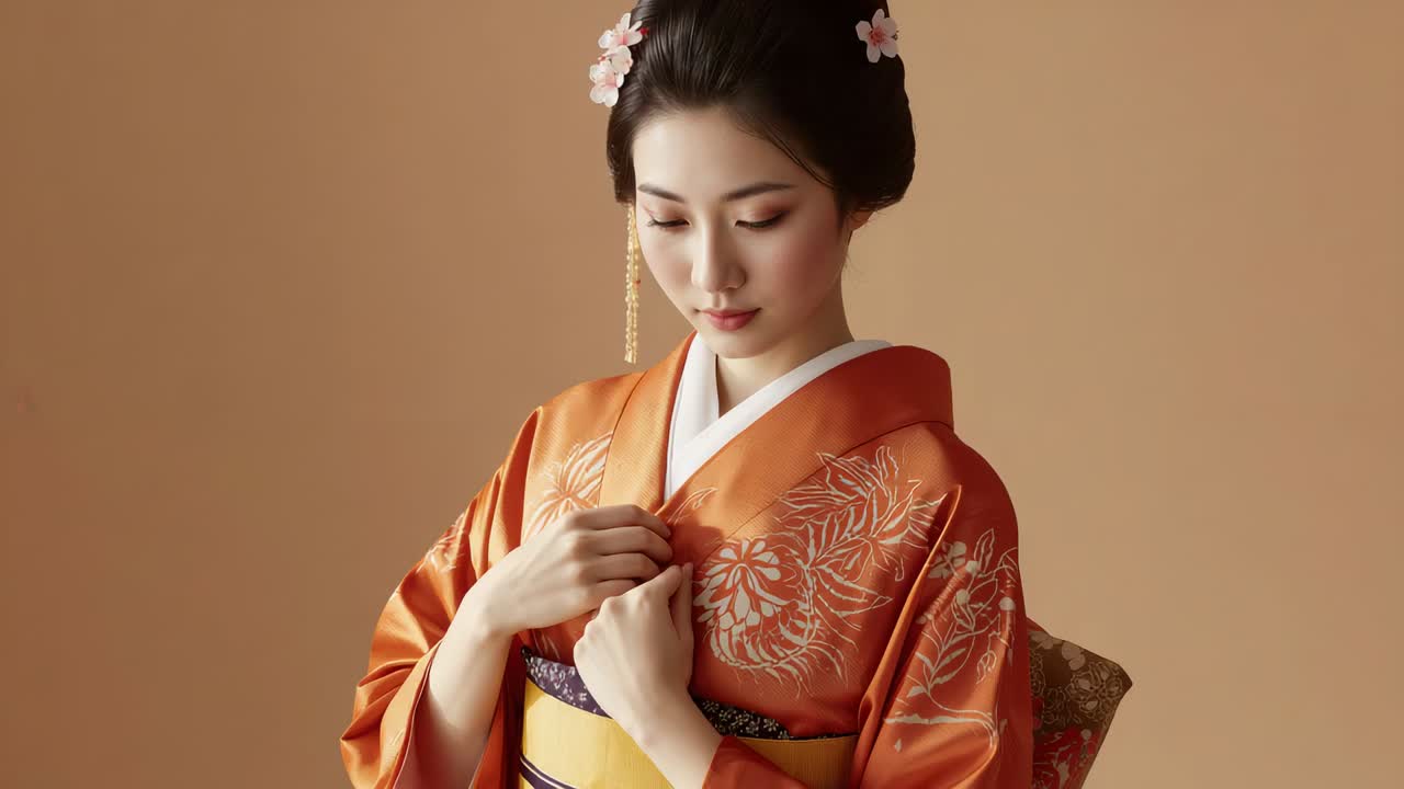 Regolazione del colletto del kimono, donna che solleva il mento e guarda verso l'alto in studio, in posa per mostrare l'obi arancione