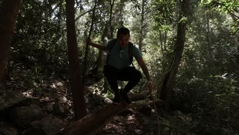 macho hispano trepando sobre un tronco de árbol caído en un bosque