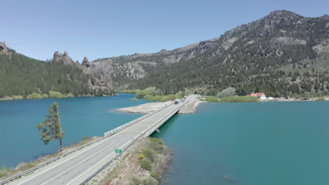 aerial - bridge on limay river in valle encantado, patagonia, neuquen, argentina, forward