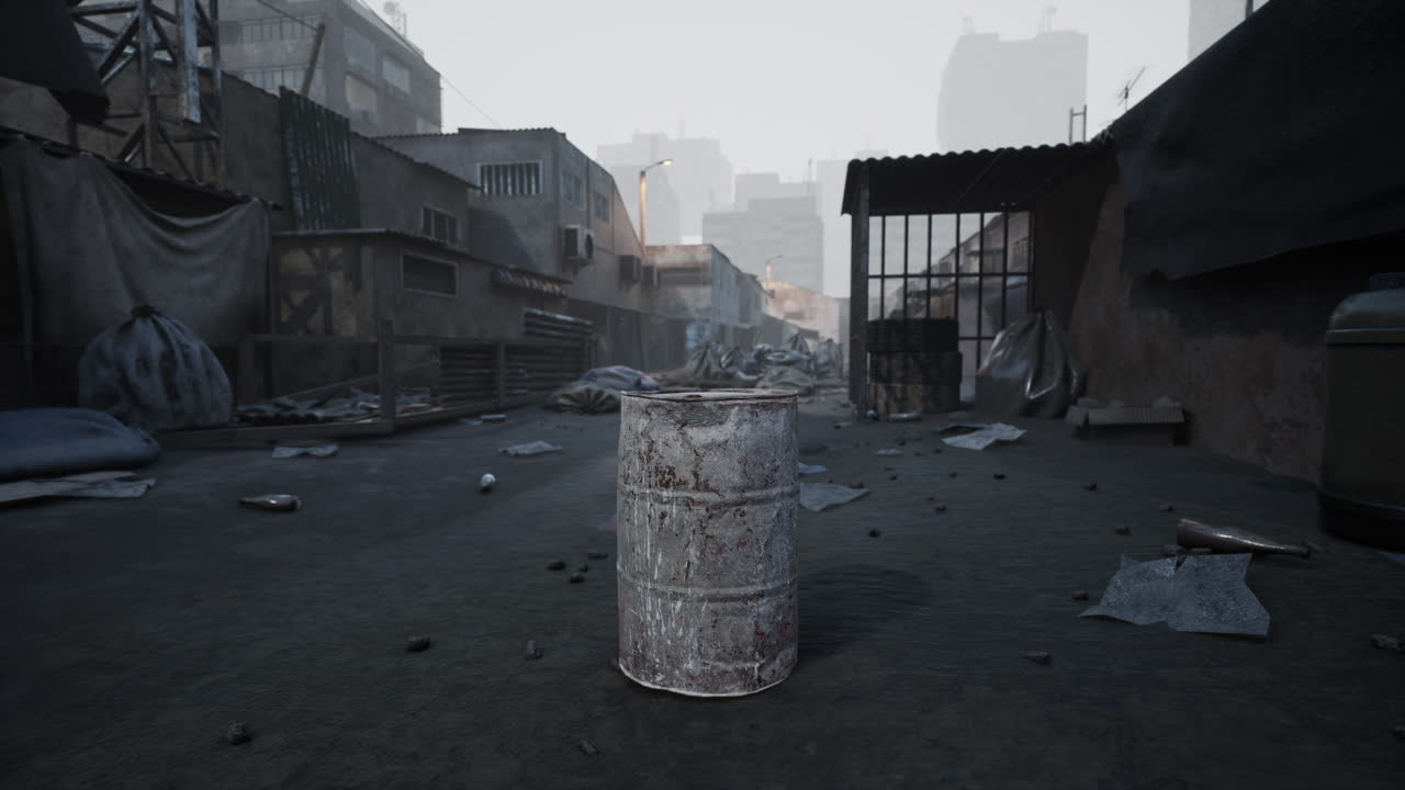 황혼에 잔해로 둘러싸인 은 배럴과 함께 버려진 도시 골목