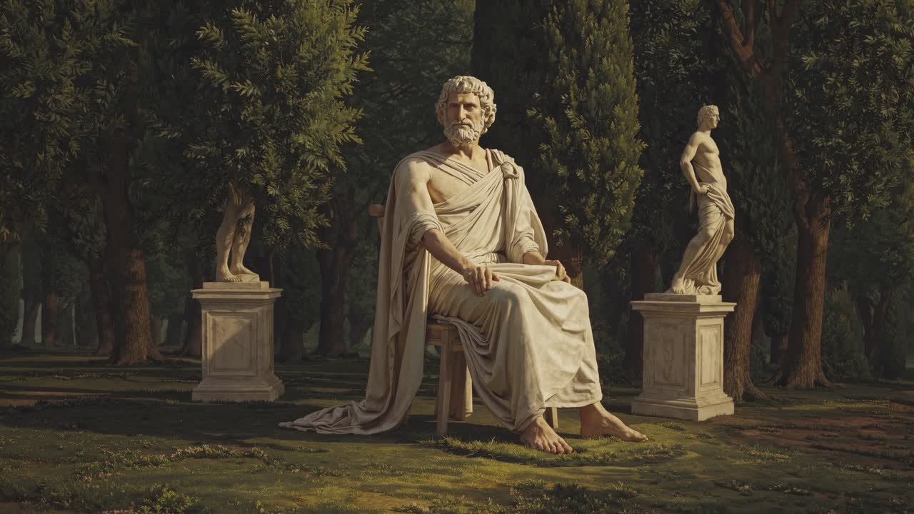 Una classica scena di un giardino con statue, catturata da una bassa angolazione, evoca una sensazione serena e senza tempo.
