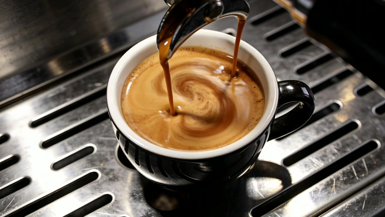 Estrazione del portafiltro e versamento dell'espresso in una tazza su un vassoio al bancone dopo l'inizio dell'erogazione, con la crema che si forma.
