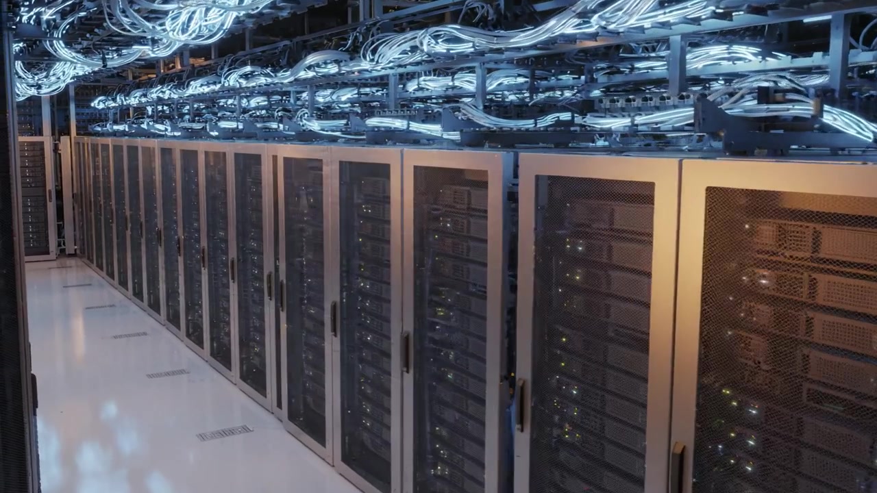 High-Tech Data Center Environment Showcasing Advanced Server Racks and Cable Management Systems Illuminated with Blue LED Lights in a Modern Facility