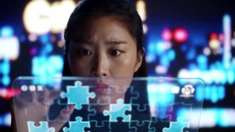 a woman engaged in solving a complex puzzle on a transparent screen, surrounded by a vibrant digital background, reflecting focus and concentration