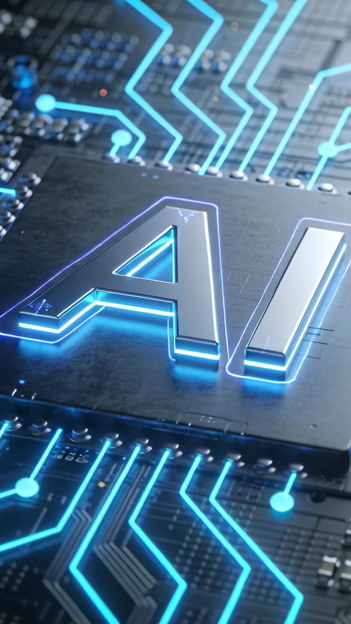 Vertical video: Traveling pulses lighting metal AI emblem on PCB, revealing blue traces signaling