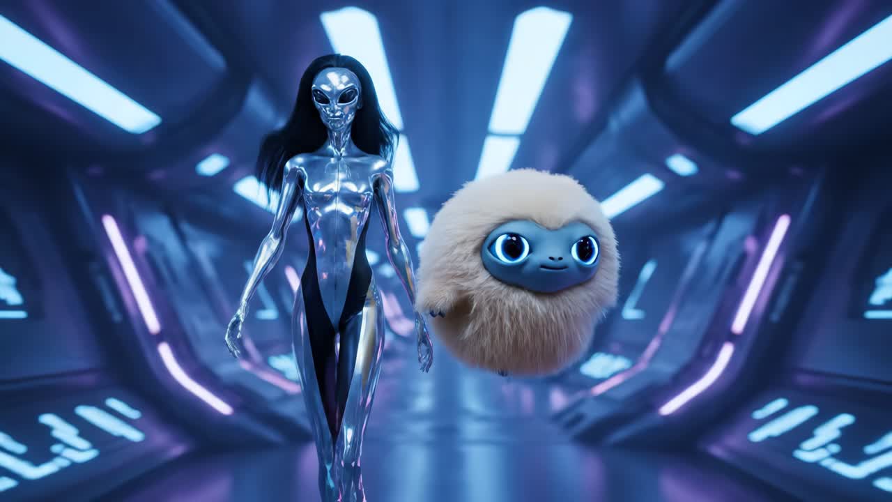 Futuristic Scene with Alien and Fluffy Creature