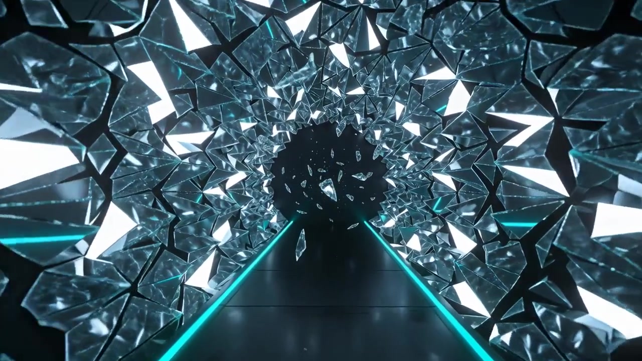 Gliding camera along teal strips in angled tunnel, shards shedding while facets turning into void