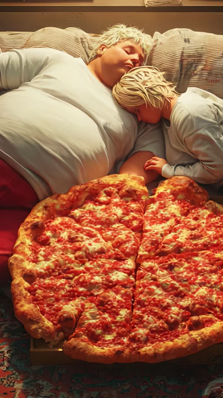 Un momento di calma unione: un genitore e un bambino si rilassano su un divano con una grande pizza, catturando il calore del legame familiare e del cibo confortante