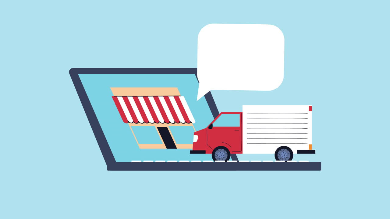 computadora portátil con animación del servicio de entrega de vehículos de transporte de camiones