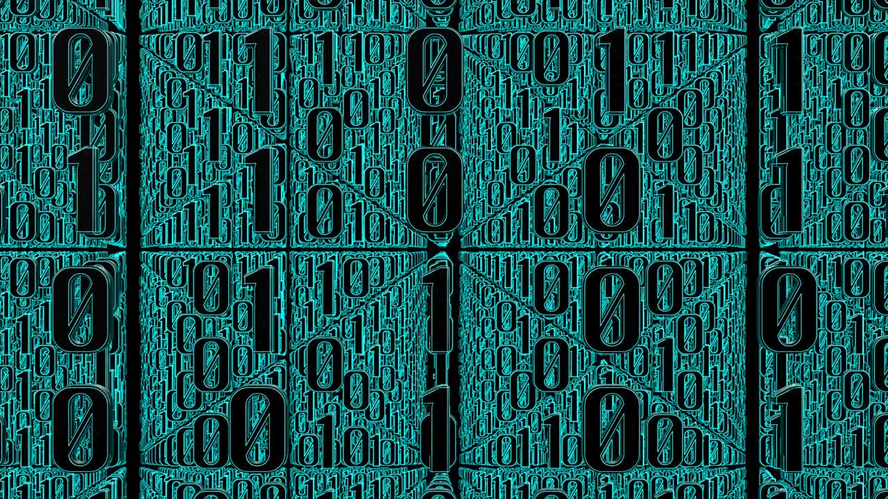 Cyan binary code moves right to left