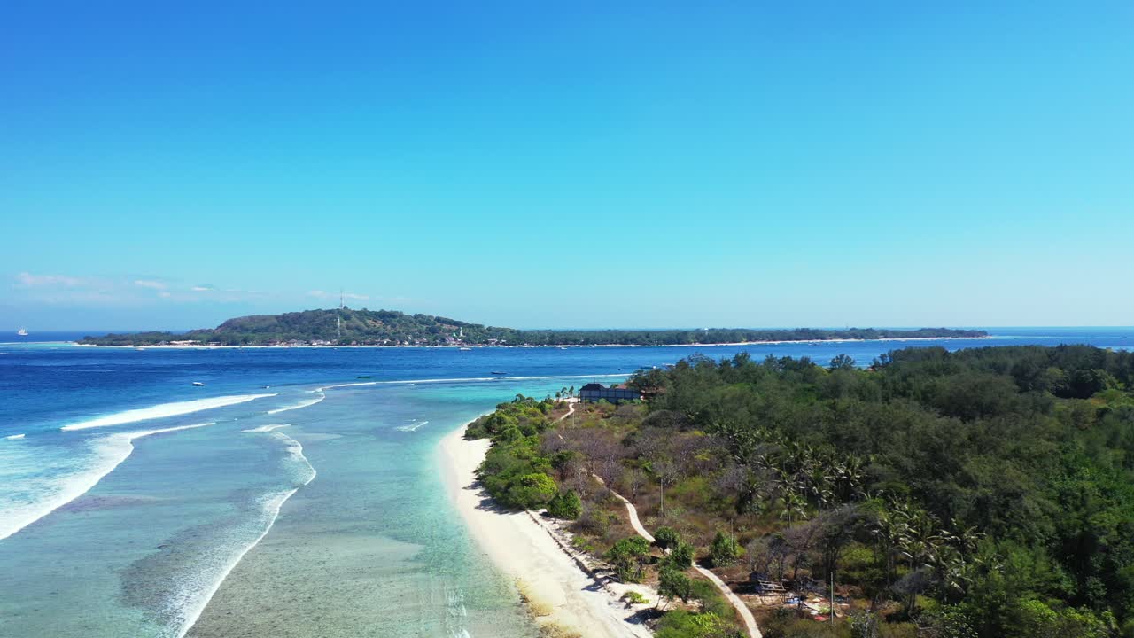 Gili Islands, Bali, Small Islands In The Ocean on a sunny day, aerial panorama