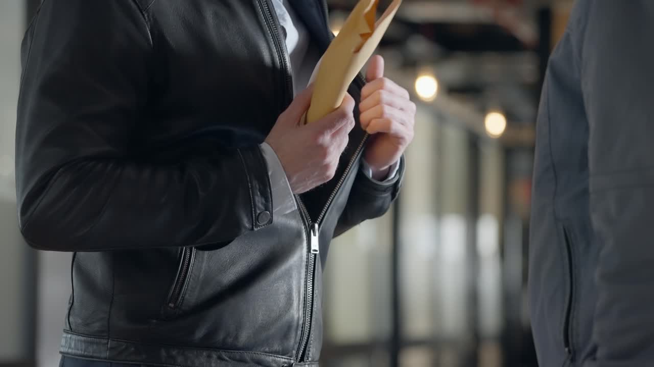 Man opens leather jacket, pulling out envelope with money and discreetly handing it over in exchange for a black suitcase. Firm handshake follows, sealing deal of bribery corruption in underworld