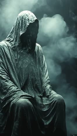 mysterious statue shrouded in fog with an eerie presence in a dark setting