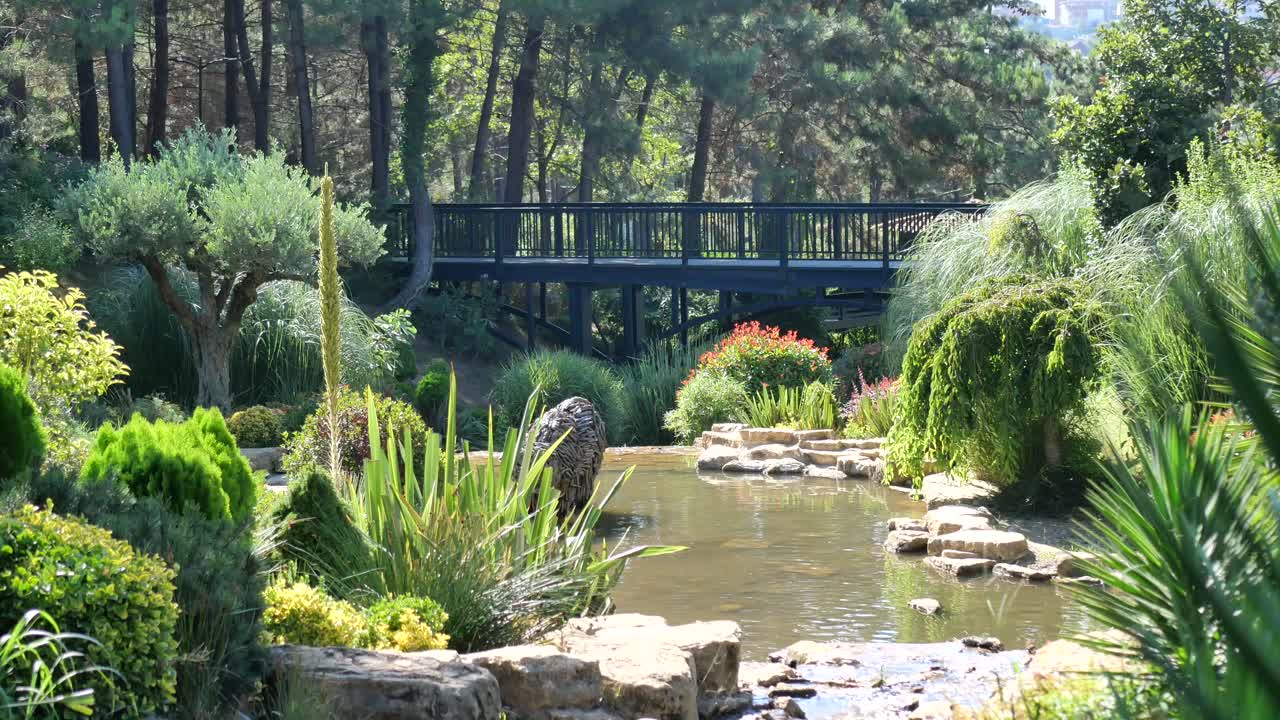 Scenic Garden View with Bridge and Pond