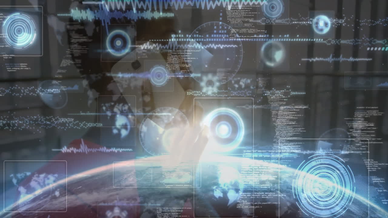 woman interacting with holographic display in tech office, analyzing circular charts and 3D globe