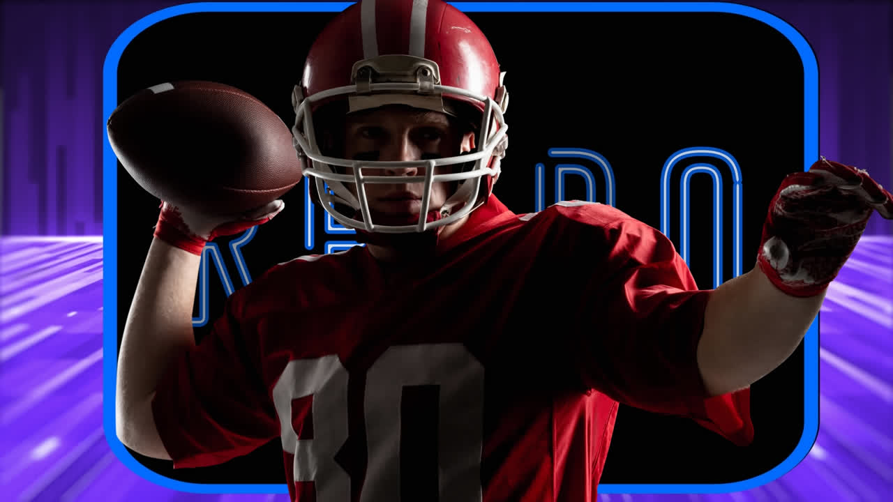 백인 남성 럭비 선수의 애니메이션과 레트로 텍스트