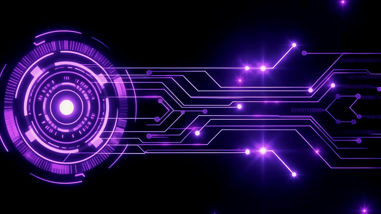 Futuristic Purple Circuit Board with Glowing Data Connections