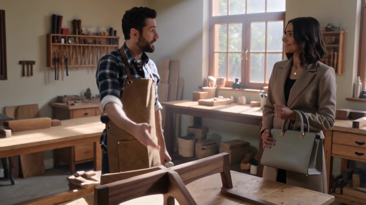 Artigiano con grembiule che pialla e leviga un pezzo di legno capovolto su un banco da lavoro, pulendo la polvere, mentre un cliente con una borsa osserva.