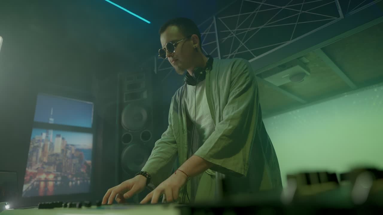 Talented DJ creates new music mix on nightclub stage