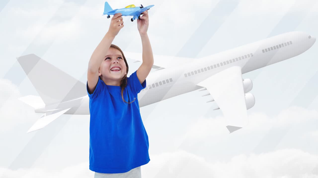 Animation of happy caucasian girl playing with plane toy over plane
