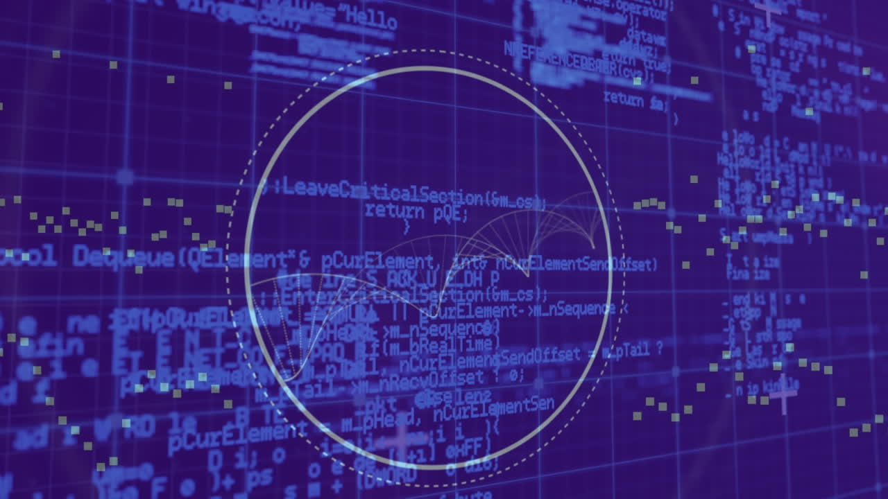 animación de un escáner circular con hélice de adn giratoria sobre una cuadrícula azul y procesamiento de datos en púrpura